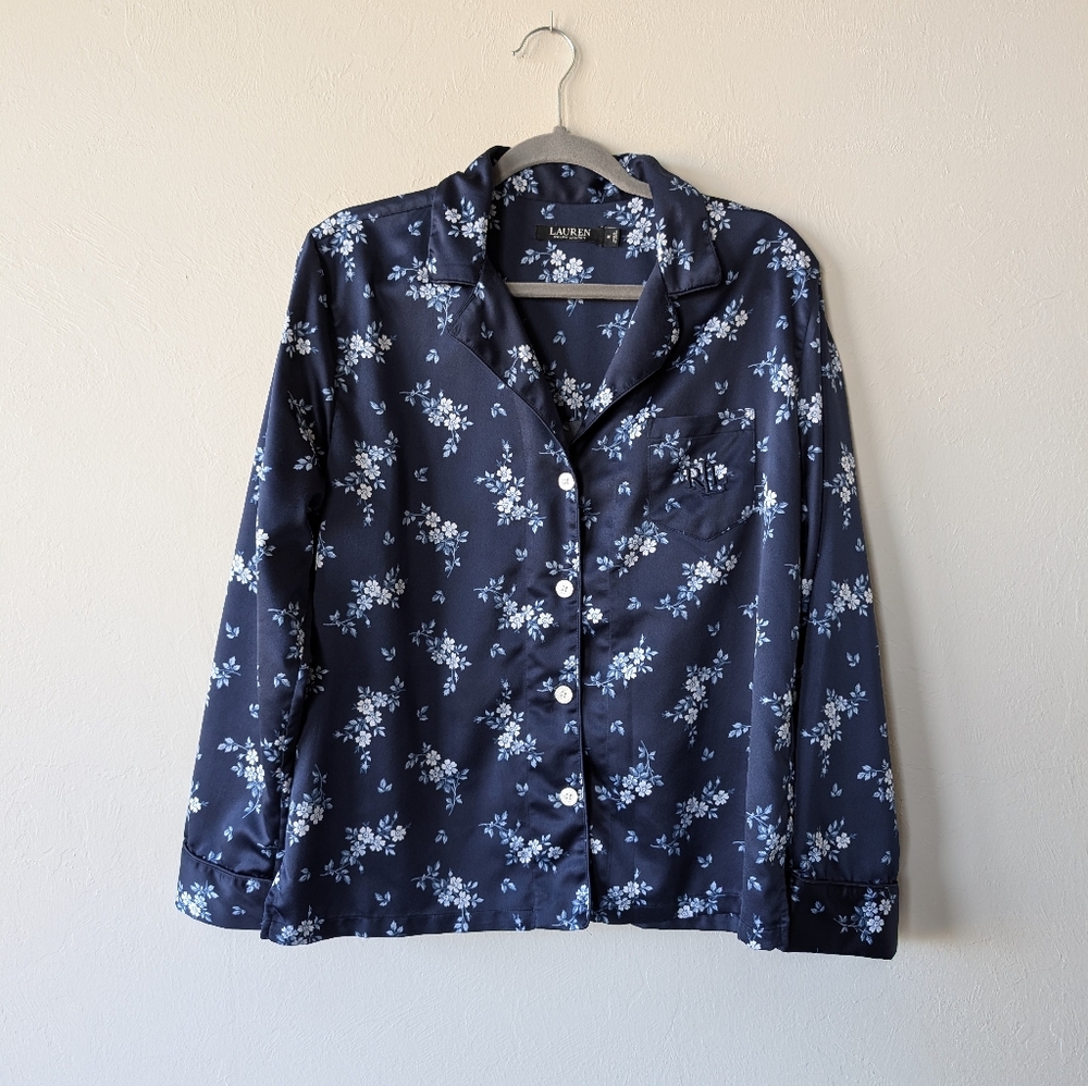 Lauren Ralph Lauren Silky Satin Navy Floral Long Sleeve Collared Size M
